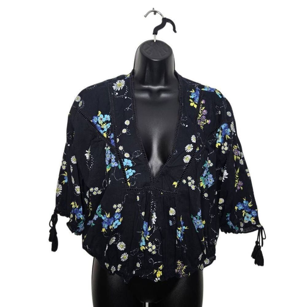 Free People Black Floral Peasant Blouse with Blue & Yellow Flowers